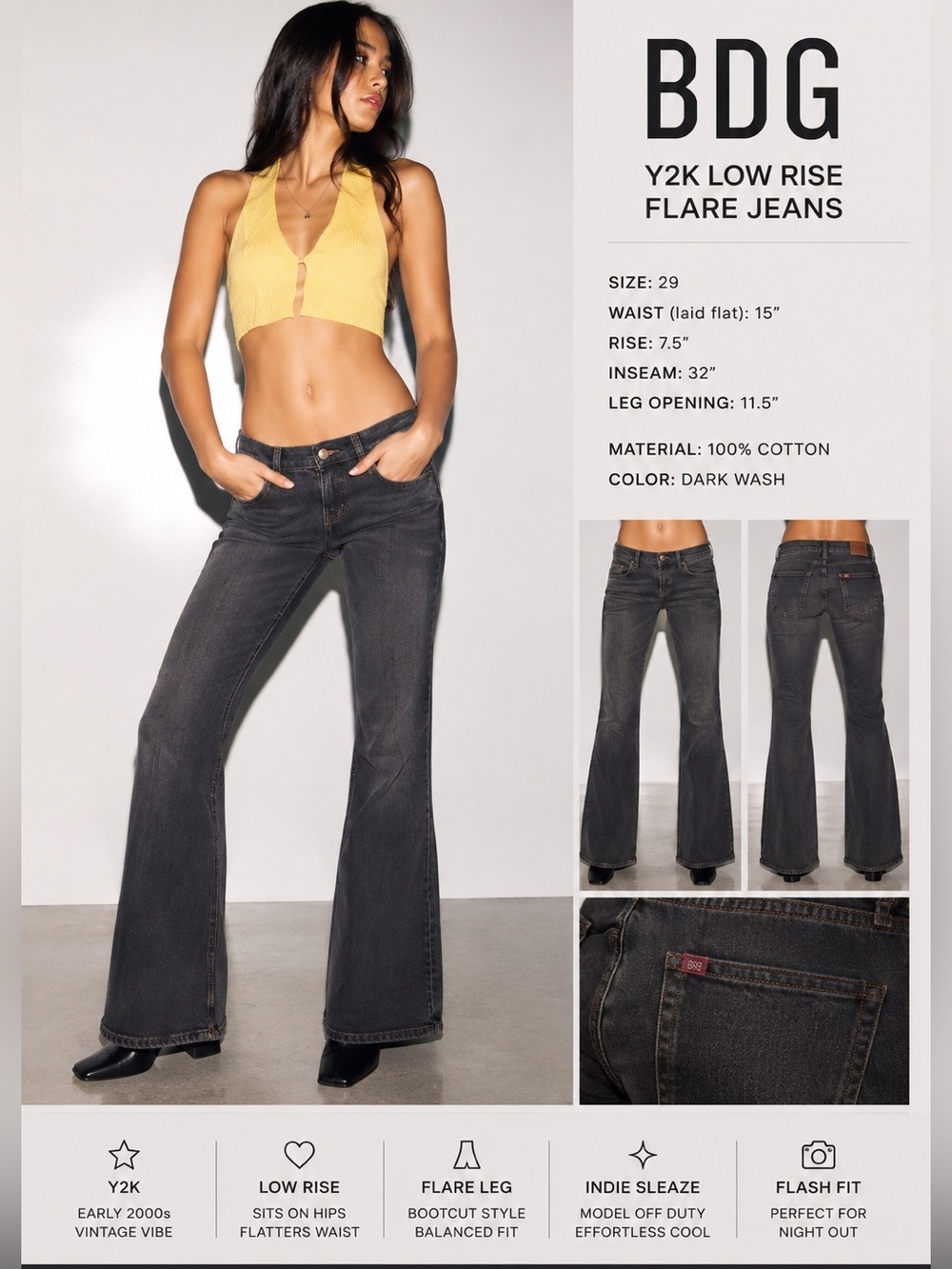 Urban Outfitters BDG Sz 29 Y2K Low Rise Flare Jeans Dark Wash Indie Sleaze